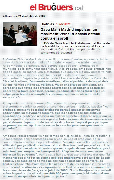 Notícia publicada a EL BRUGUERS DIGITAL sobre la trobada entre l'AVV de Gavà Mar i la Plataforma del Noroeste de Madrid (24 d'Octubre de 2007)
